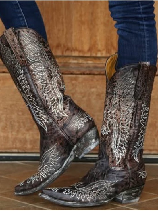 Old Gringo Shoes - Old Gringo Brown Leather Western Crystal-Studded Eagle Heeled Boots